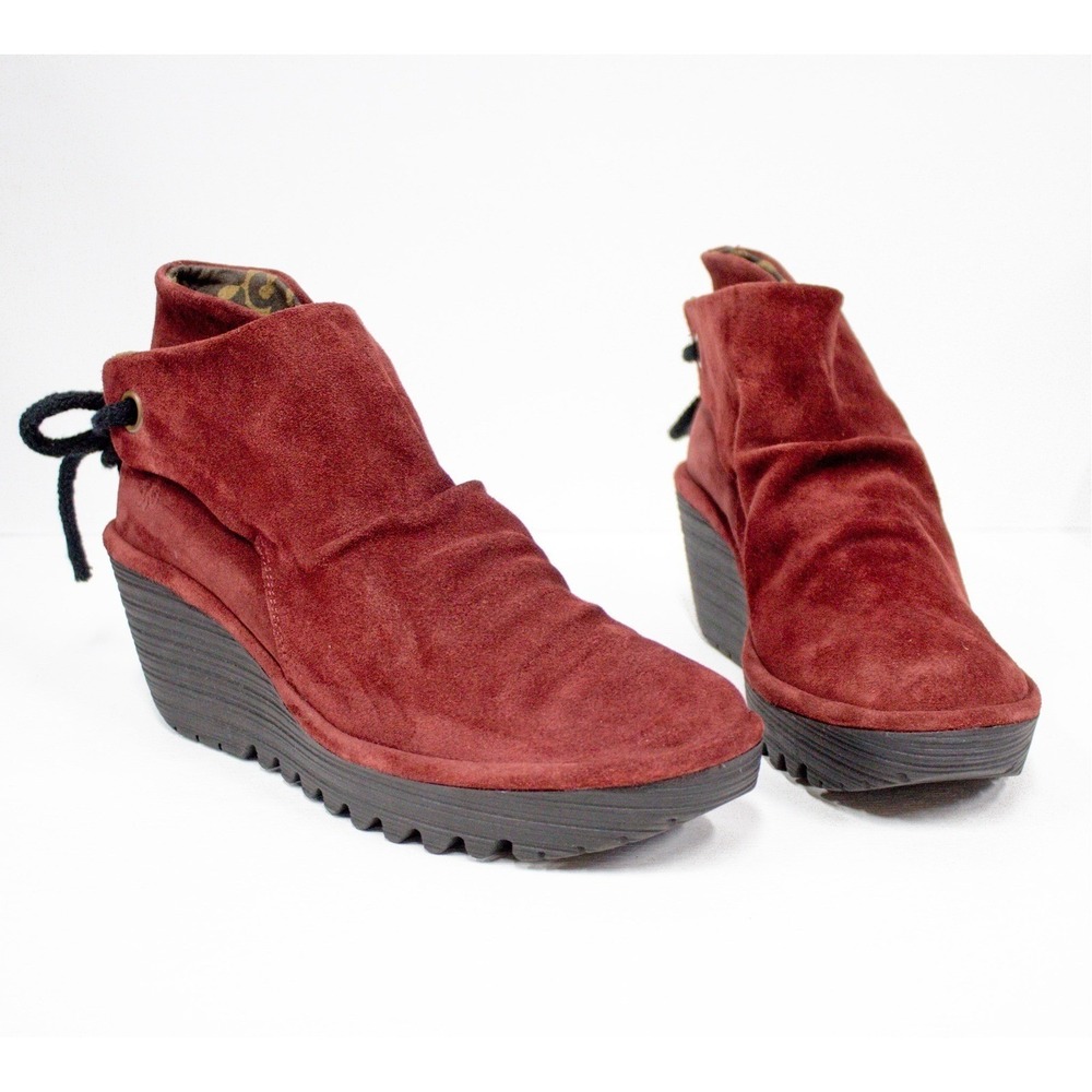 Fly London Women's Yebi Boot Size 8 US/39 EU Red Suede Wedge Platform Booties - Picture 3 of 13